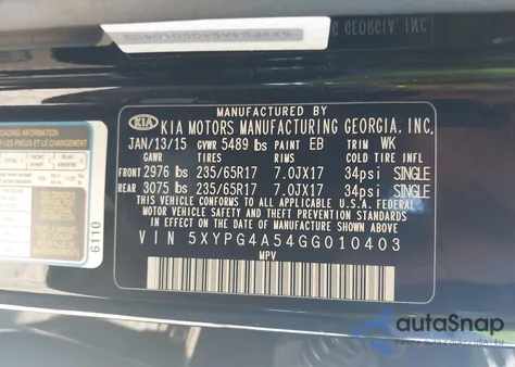 2016 Kia Sorento 3.3L Lx from USA, damaged, VIN 5XYPG4A54GG010403